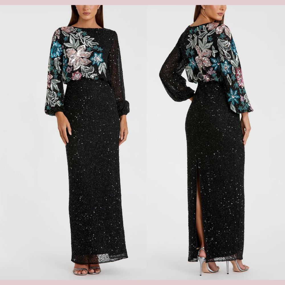 Nwt Mac Duggal [ 4 ] 5615 Embellished Multicolor Floral High Neck Gown Black